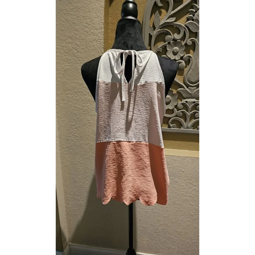 Hailey & Co Pastel Peach Colorblock M Coastal Halter Top W Scalloped Hem & Tie - Picture 2 of 7